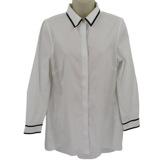 Chicos Womens 0 4/6 White Black Trim Collared Rhinestone Button Front Shirt Top - Picture 1 of 11
